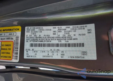 2021 Ford Ranger Xlt z USA, uszkodzony, nr VIN 1FTER4FH4MLD13914